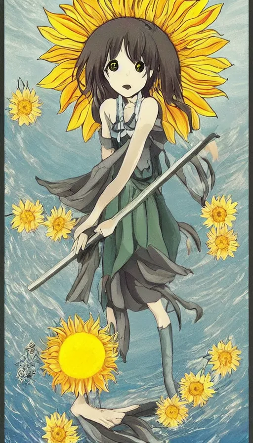 Image similar to the being death as a cute anime girl with a giant cute sun flower scythe from a studio ghibli film inspired by the death tarot card, dark ambiance