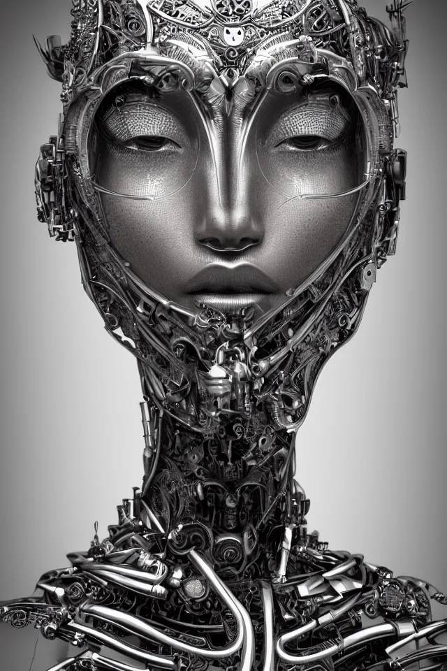 Prompt: beautiful frontal view face portrait of a queen female cyborg, 150mm, chromatic aberration, Mandelbrot fractal, symmetric, steampunk, silver mechanical, intricate, elegant, highly detailed, ornate, ornament, sculpture, elegant , luxury, beautifully lit, ray trace, octane render in the style of peter gric , Alex grey, dynamic ,8K artistic photography, photo-realistic art station