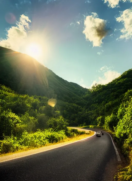 Image similar to a 2 8 mm macro photo of a winding mountain highway, fluffy clouds at sunset, lush greenery, splash art, movie still, bokeh, canon 5 0 mm, cinematic lighting, dramatic, film, photography, golden hour, depth of field, award - winning, anamorphic lens flare, 8 k, hyper detailed, 3 5 mm film grain, hazy