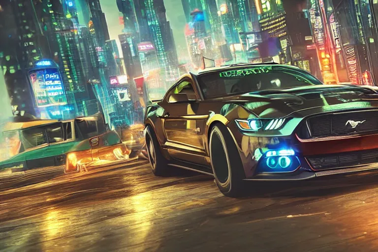 Image similar to ford mustang in cyberpunk city