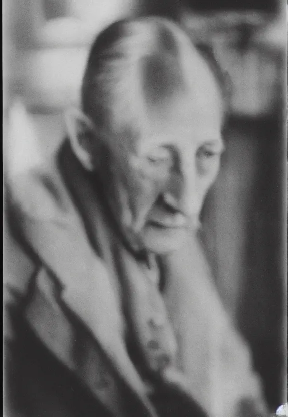 Image similar to a close - up casual photo of marcel duchamp with pensive eyes, blurry, 1 9 2 0 s monochrome snapshot, graflex 4 x 5, f 1. 8, 3 5 mm, ilford delta 3 2 0 0 pro, cyborg