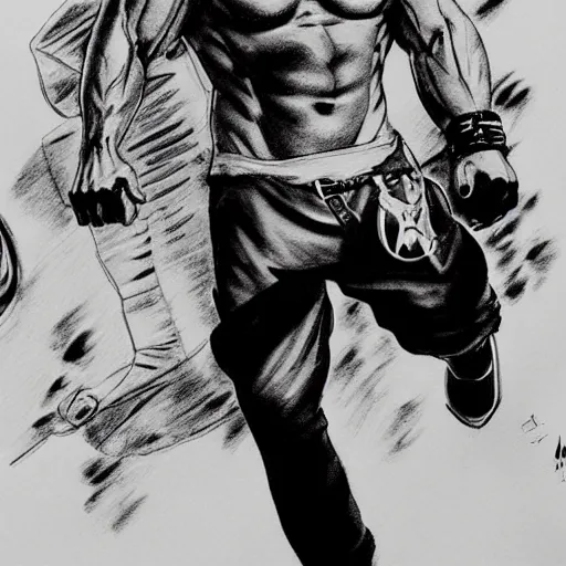Prompt: Black and white drawing of Vin Diesel walking like a Italian model, highly detailed, sharp focus, manga panel, ArtStation, art by Hirohiko Araki