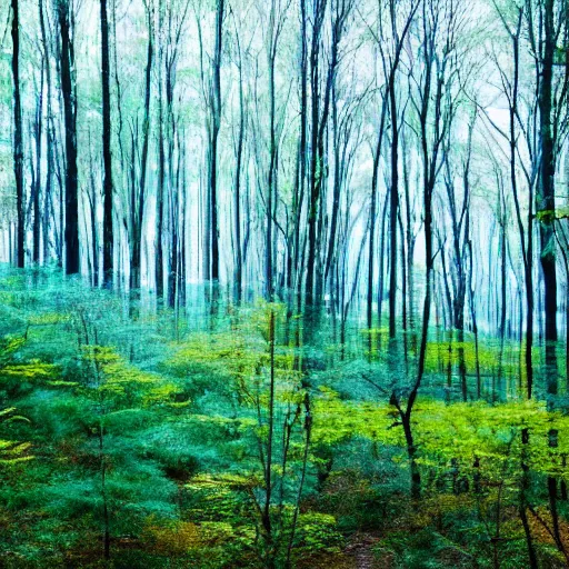 Image similar to A forest landscape with different hues of blue and green and orange