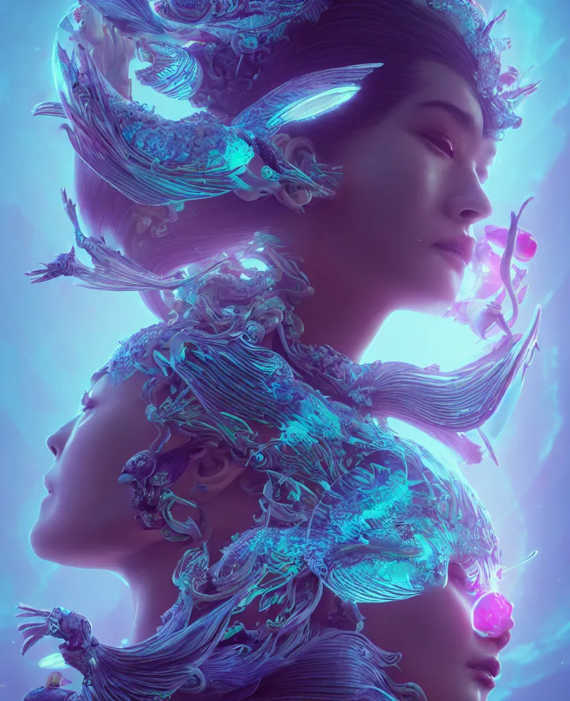 Image similar to goddess close-up portrait. orchid bird phoenix head, nautilus, skull, betta fish, bioluminiscent creatures, intricate artwork by Tooth Wu and wlop and beeple. octane render, trending on artstation, greg rutkowski very coherent symmetrical artwork. cinematic, hyper realism, high detail, octane render, 8k