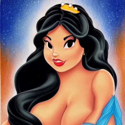 Prompt: a beautiful curvy woman with long black hair, brown eyes, tanned skin as a disney princess. painting.