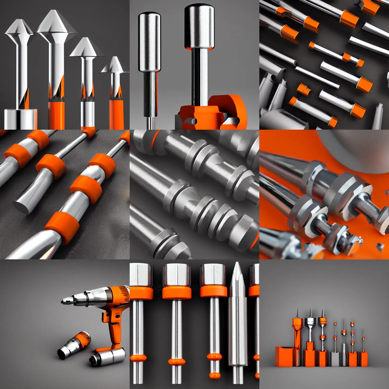 Prompt: 4 chrome metal drill bits, studio photo, white and grey, orange details, octane render, 5 0 mm