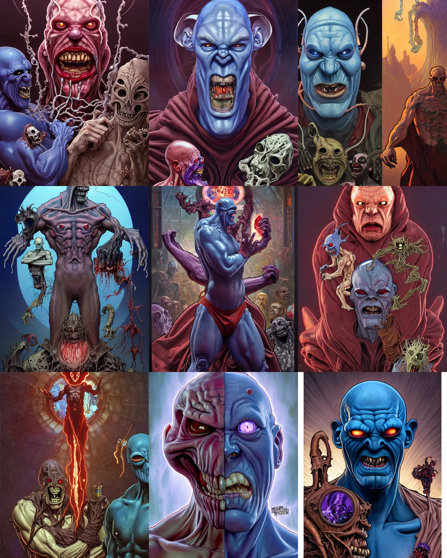 Prompt: the platonic ideal of ren and stimpy of cletus kasady ultimate carnage thanos dementor doctor manhattan chtulu nazgul, detailed, intricate, hyperrealism, intense, scary, decay, dmt, art by brock hofer and artgerm and greg rutkowski and alphonse mucha