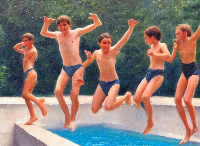 Prompt: a group of teens in the moment of jumping into a pool, oil painting by ralph maquarrie and james gurney, soft edges, subtle colours