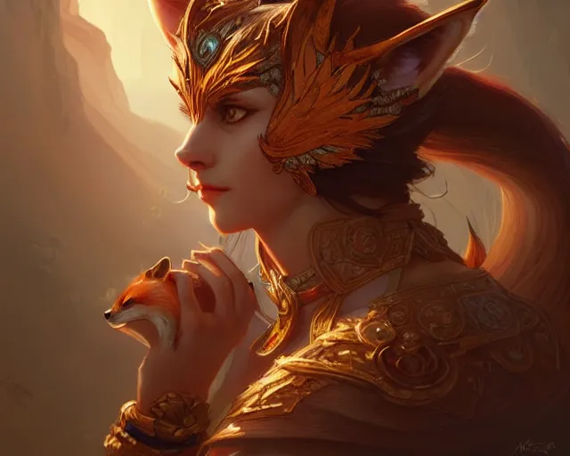 Image similar to fox fox fox fox fox with a hint of fox, deep focus, d & d, fantasy, intricate, elegant, highly detailed, digital painting, artstation, concept art, matte, sharp focus, illustration, hearthstone, art by artgerm and greg rutkowski and alphonse mucha