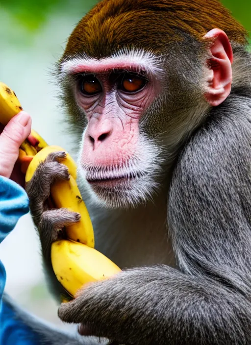 Prompt: a monkey feeds a banana to a person, color high - quality photo