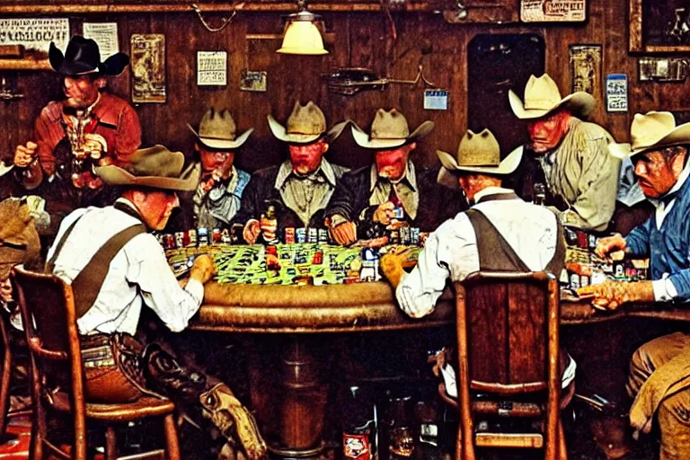 Prompt: cowboys playing poker in a saloon, by Norman Rockwell