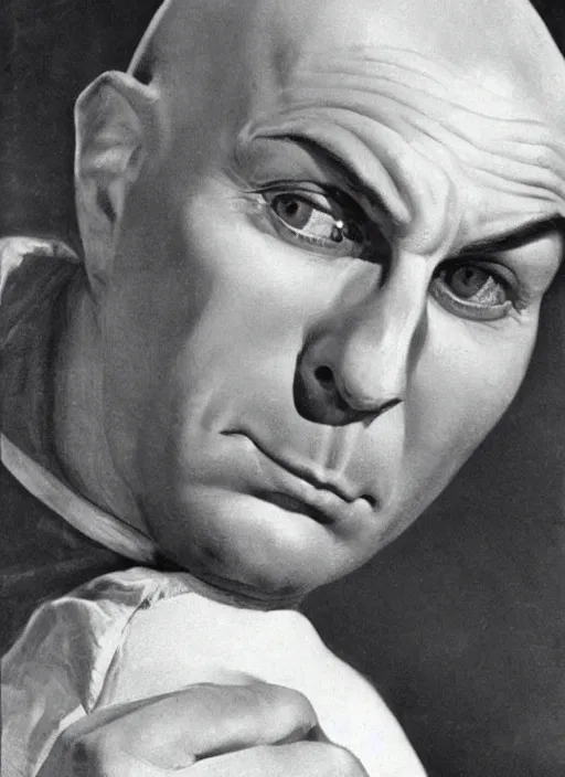 Image similar to portrait of glamorous bald medieval man with annoyed gesture, 1940s propaganda poster, full hd,highly detailed