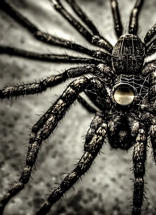 Prompt: macro photo of an intricate mechanic spider, round gears visible from on inside, on the background of a weird magical mechanical forest. Very detailed 8k. Fantasy cyberpunk horror. Sharp. Cinematic post-processing