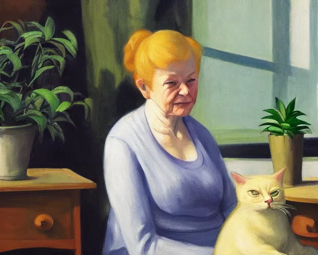 Image similar to detailed portrait of an old lady and her plant cat, Edward Hopper, sharp high quality