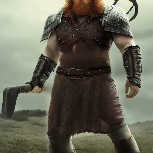 Image similar to ginger viking with flowing long wavy hair in leather armor, very pale, very hairy chest, bare chest, very thick thighs, bare legs, husky body type, big muscles, very tall, strong, powerful, majestic, imposing, full body picture, matte painting, concept art, 4 k