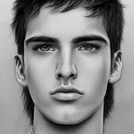 Prompt: handsome man, face, age 1 5, pencil drawing, detailed lineart