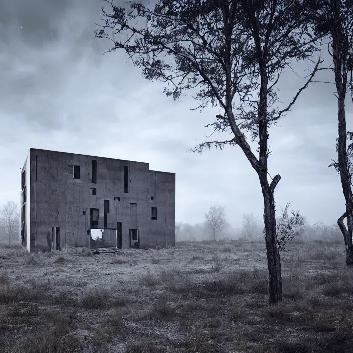 Image similar to a building in a serene landscape, post - apocalyptic fiction