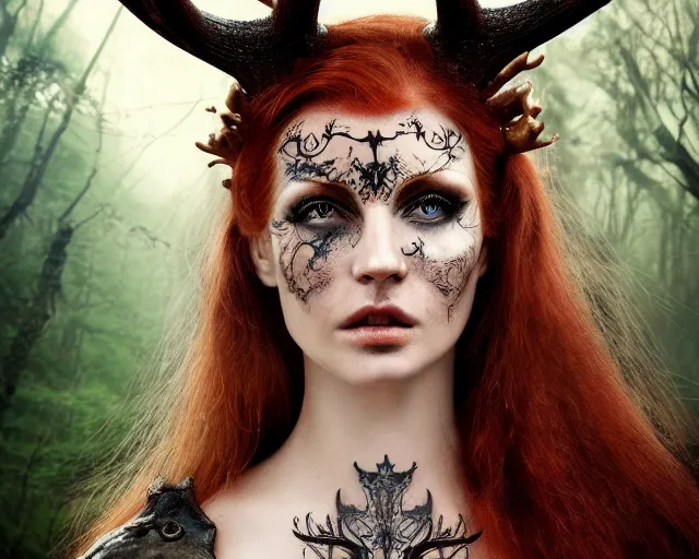 Image similar to 5 5 mm portrait photo of an armored gorgeous anesthetic redhead woman warrior with a face tattoo and antlers growing from her head, in a magical forest in the style of stefan kostic, art by luis royo. highly detailed 8 k. intricate. lifelike. soft light. nikon d 8 5 0. cinematic post - processing