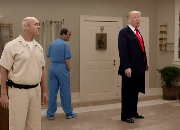 Prompt: film still of donald trump as george bluth sr. in arrested development tv show, 8 k, prison episode, orange jumpsuit