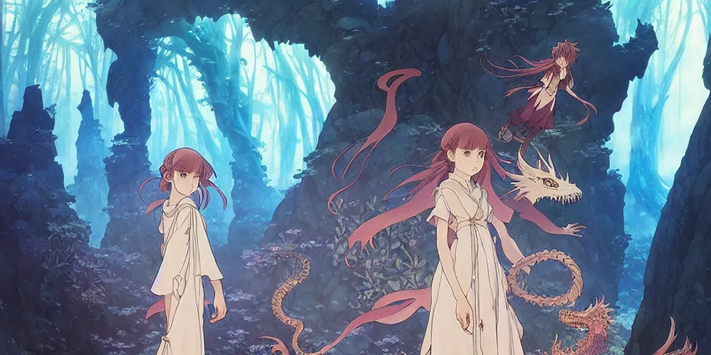 Image similar to the girl and the magic dragons cave. anime visual. torches, dark. by hayao miyazaki and rossdraws and artgerm and chie yoshii and detmold and greg rutkowski and alphonse mucha. anime production by studio ghibli. high quality, stunning, intricate detailed environment. 8 k