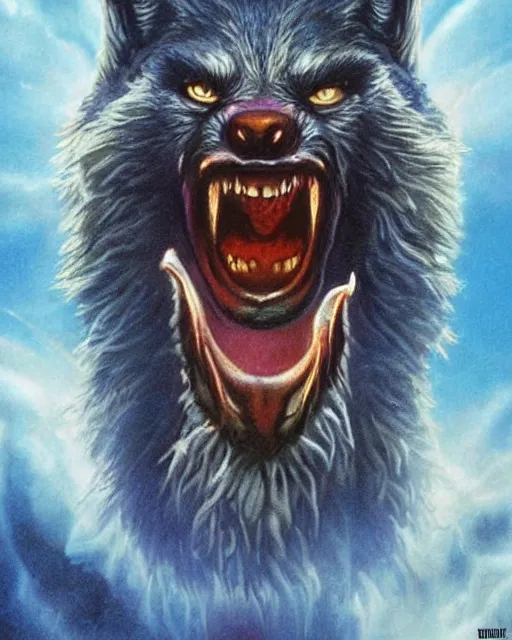 Prompt: werewolf howling, airbrush, drew struzan illustration art, key art, movie poster