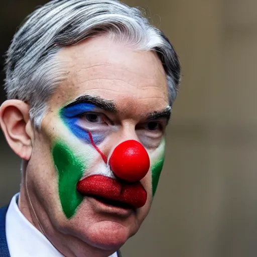 Image similar to Jerome Powell with colorful clown makeup all over his face whiteface, walking outside in a garden