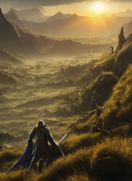 Prompt: medieval adventurer in lord of the rings scenery landscape, looking out at a vast valley at sunrise with mountains in the distance, god's rays, highly detailed, cinematic lighting, perfect composition, 4 k, gustave dore, derek zabrocki, greg rutkowski, belsinski, octane render