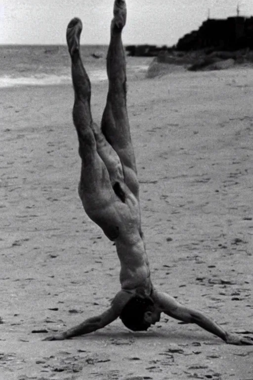 Image similar to paulie shore doing a handstand on the beaches of normandy on d - day