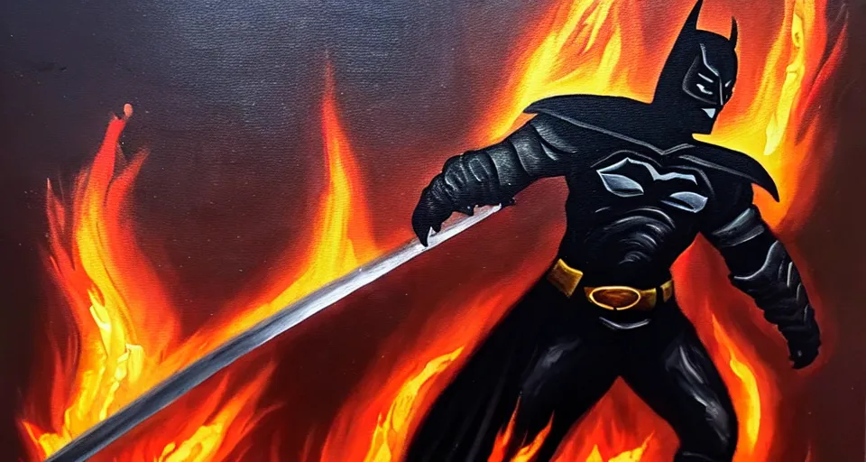 Image similar to An oil painting of a dark knight wielding a flaming sword