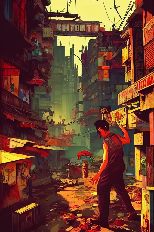 Image similar to slum neighbourhood. pop art, pixel, bioshock art style, gta chinatown art style, dynamic composition, sharp focus, intricate details, elegant, aesthetic, warm colour, art by artgerm and richard hamilton and mimmo rottela