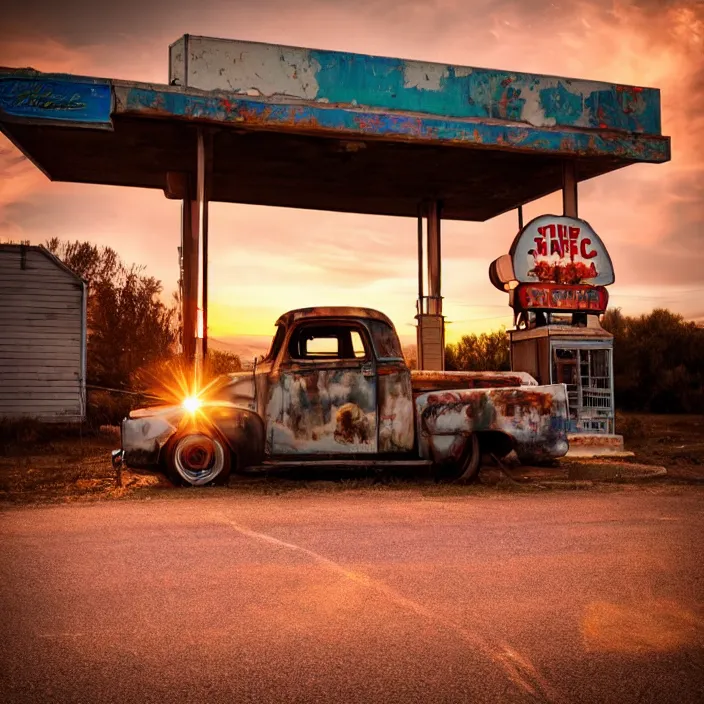 Image similar to a sunset light landscape with historical route 6 6, lots of sparkling details and sun ray ’ s, blinding backlight, smoke, volumetric lighting, colorful, octane, 3 5 mm, abandoned gas station, old rusty pickup - truck, beautiful epic colored reflections, very colorful heavenly, softlight