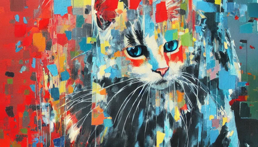 Prompt: contemporary semi abstract acrylic painting of really tall cats by cath kidson, by greg rutkowski, kessler art, thick brush strokes and visible paint layers, multicolor color scheme