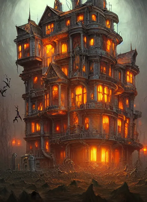 Prompt: hyper detailed ultra sharp of a steampunk sci - fi haunted halloween megastructure house trending on artstation, warpaint aesthetic, earthwave, colorful, psychedelic, ornate, intricate, digital painting, concept art, smooth, sharp focus, illustration, art by artgerm and greg rutkowski and h. r. giger, 8 k