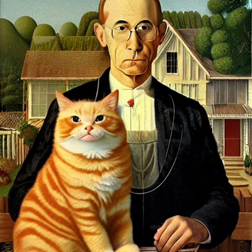 Image similar to fat orange tabby cat, man with afro curly hair in american gothic by grant wood