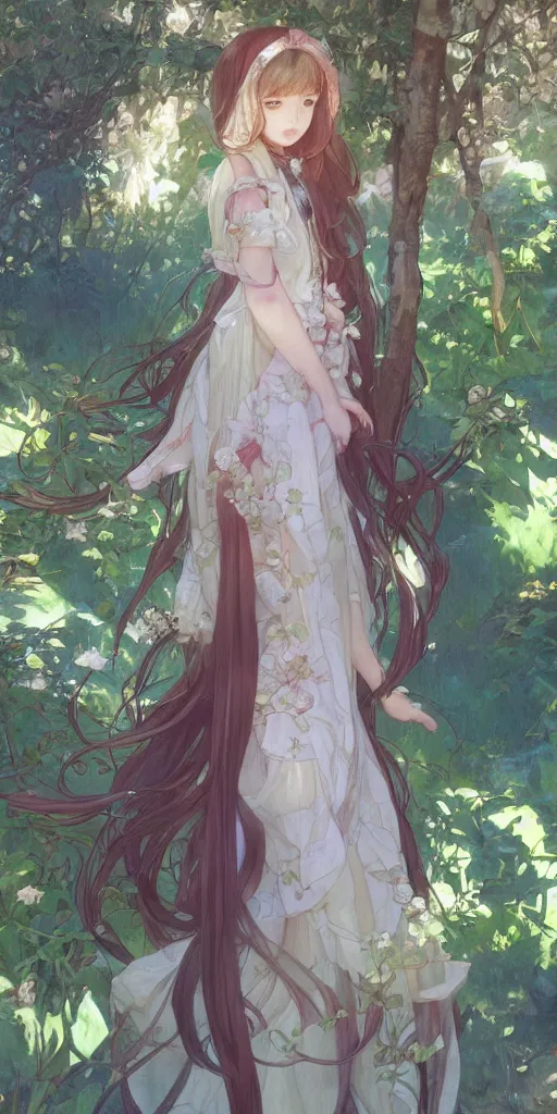Image similar to a digital art of a loli with long hair in a dress in the privet garden at after noon, by krenz cushart and mucha and akihito yoshida and greg rutkowski, detailed eyes, 4 k resolution 、 trending on art station