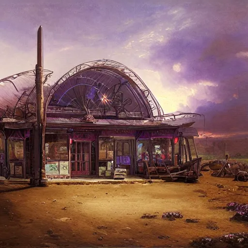 Prompt: painting of moebius artlilery scifi organic shaped gas station with ornate metal work lands on a farm, fossil ornaments, volumetric lights, purple sun, andreas achenbach