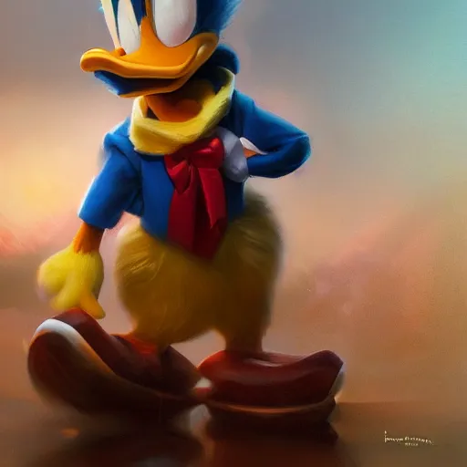 Prompt: donald duck, realistic, portrait, intricate, detailed, volumetric lighting, scenery, digital painting, highly detailed, artstation, sharp focus, illustration, concept art, ruan jia, steve mccurry