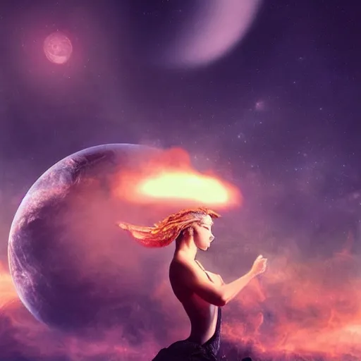Prompt: a strong smoke goddess, sci - fi aesthetics, on fire, photoshop, colossal, creative and cool, giant, digital art, photo manipulation, planets, earth, outer space, smoke