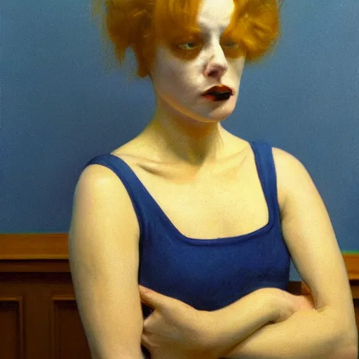 Image similar to close up of a woman in a blue and gold haunted liminal abandoned room, hyperrealistic film still by edward hopper, by gottfried helnwein, by klimt, art noveau, highly detailed, strong lights, liminal, eerie, bright pastel colors,