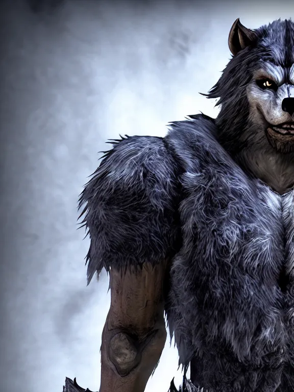 Image similar to cute handsome cuddly werewolf from van helsing unreal engine hyperreallistic render 8k character concept art masterpiece screenshot from the video game the Elder Scrolls V: Skyrim