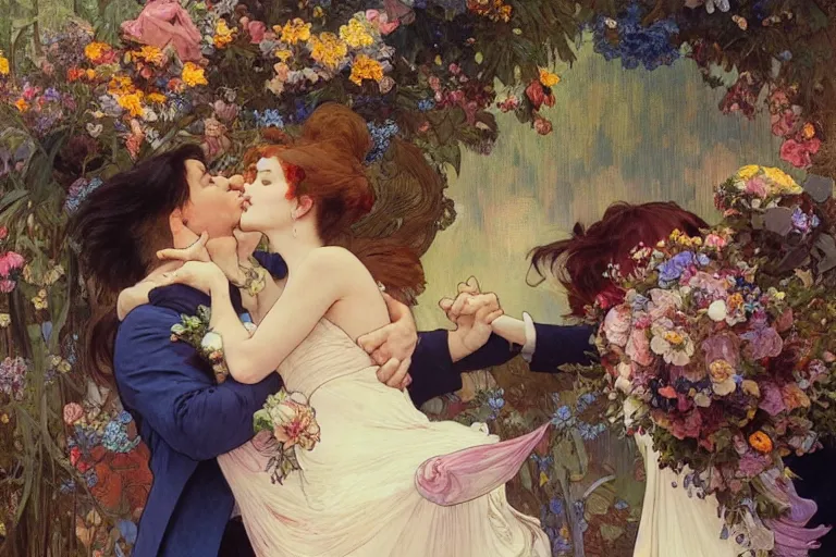 Image similar to the groom kisses the bride at a wedding full of flowers, bright and happy, dreamlike art, highly detail, 4 k realistic, wedding photoy krenz cushart. artem demura. alphonse mucha. yoji shinkawa artgerm. jon lothian. danilo torres. adi meyers. thomas reimann. gaston bussiere.