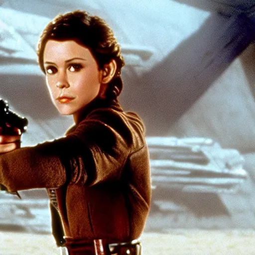 Prompt: A picture Alyssa Milano playing Han Solo. Beautiful Cinematic Photo. Still from Star Wars A New Hope.