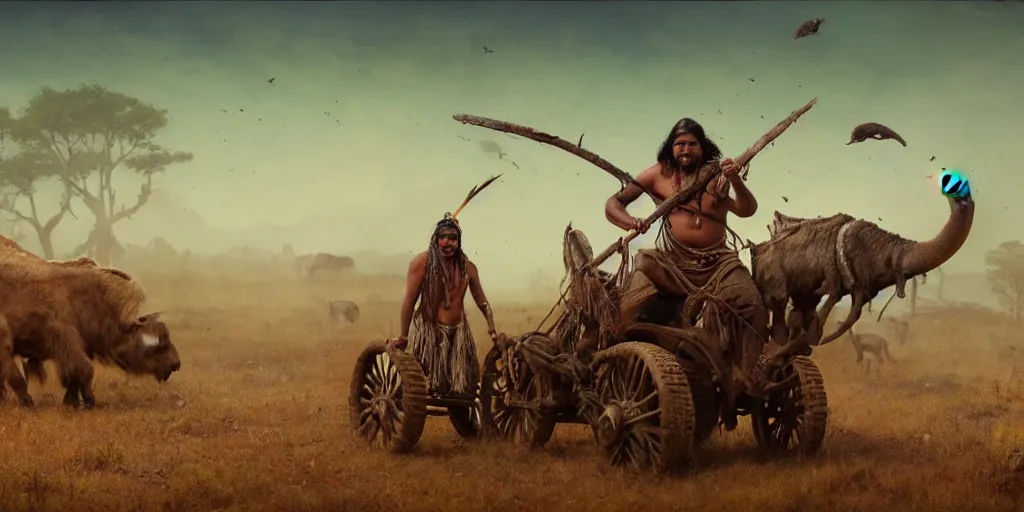 Image similar to photorealistic photo of an ancient indian tribesman on ancient atv with big wooden wheels, hunting panicked buffalo herd ,attacking, wild chase, action scene, an epic fantasy, dramatic lighting, cinematic, establishing shot, extremely high detail, photorealistic, cinematic lighting, artstation, octane render, by simon stalenhag, horizon forbidden west,old photo, high speed photography, vintage, extreme sports