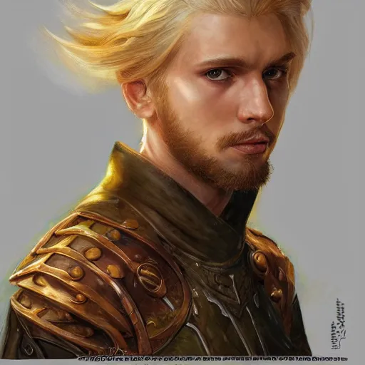 Image similar to A 22 year old Swedish male with short blonde hair and stubble as a fantasy D&D character, art by Donato Giancola and Bayard Wu, digital art, trending on artstation, 4k