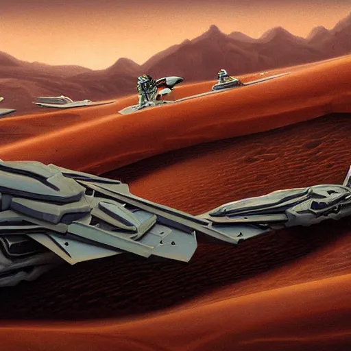 Prompt: painting of scifi spaceships across a desert by pascal blanche