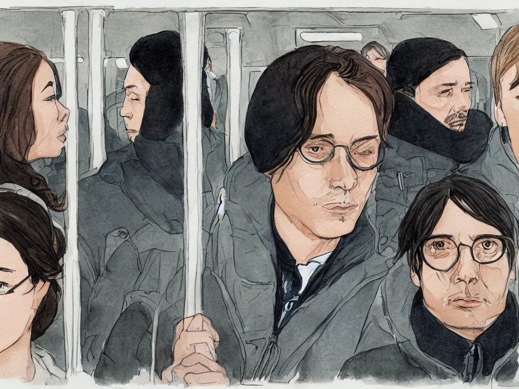 Image similar to a tight detailed ink and watercolor drawing in the style of Adrian Tomine, 3/4 low view close shot of two people sitting in a Chicago subway train: a sad Aubrey Plaza in a parka and a friendly Mads Mikkelsen in a suit