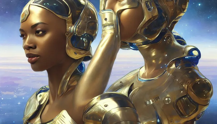 Image similar to concept art of very very very very very very beautiful african woman, futuristic spacesuit, floating in space with epic cosmos in the background, real life skin, intricate, elegant, highly detailed, artstation, concept art, smooth, sharp focus, art by artgerm and greg rutkowski and alphonse mucha