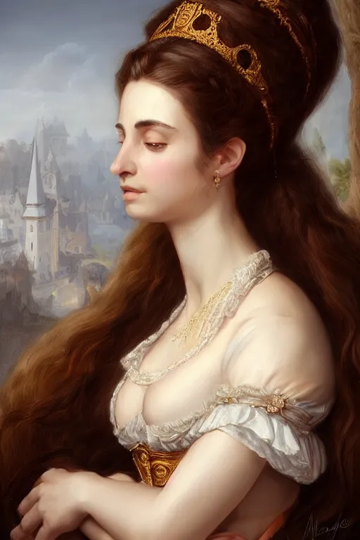 Prompt: rosalia vila i tobella, rosalia, highly detailed, spanish princess, highly detailed, digital painting, trending on artstation, concept art, sharp focus, illustration, art by artgerm, old masters, maher morcos