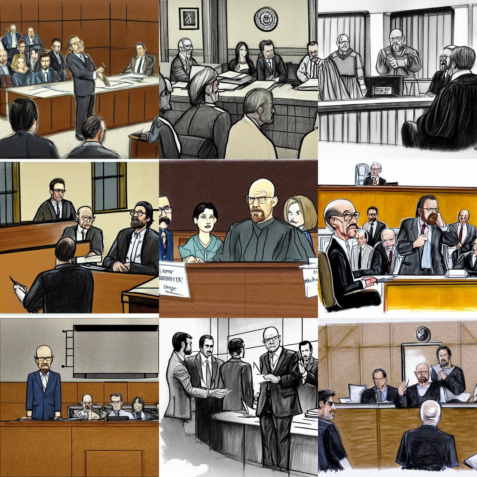 Prompt: courtroom sketch of walter white testifying against the cast of its always sunny in philadelphia, by wilbert awdry, by reginald payne, witness stand, jury, pointing, gavel, judge, drawing