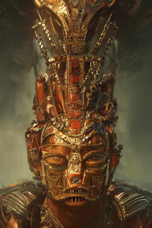 Prompt: aztec god, close - up portrait, powerfull, intricate, elegant, volumetric lighting, scenery, digital painting, highly detailed, artstation, sharp focus, illustration, concept art, ruan jia, steve mccurry